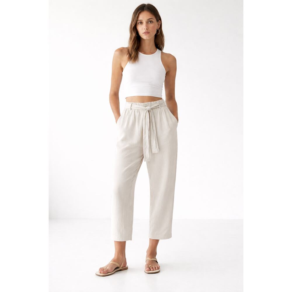 Zara High-Waisted Wide Leg Cropped Linen Blend Tie Pants Cream Off White Large